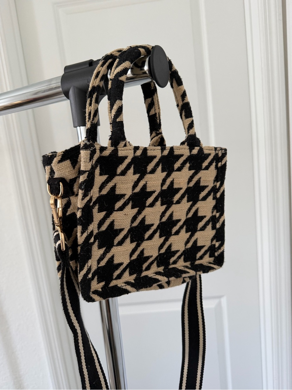 H&M Black and Tan Houndstooth Mini Tote with Striped Strap